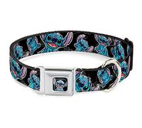 Buckle-Down Seatbelt Buckle Dog Collar Black/Gray/Blue-1.5" Wide-Fits 16-23" Neck-Medium Moda para Mascotas, Nailon, Stitch Poses/Hibiscus Sketch Negro/Gris/Azul