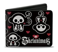 Buckle-Down Skelanimals - Cartera plegable, Skelanimals Marcy the Monkey Poses y logotipo del título en blanco y negro, cuero vegano, Negro -, 4.0" x 3.5", Casual