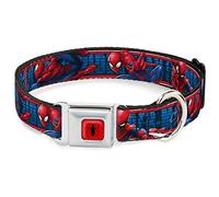 Buckle-Down Spider-Man - Collar de Perro con Hebilla para cinturón de Seguridad, 3 Posiciones de acción, Ladrillos, Rayas Azules, Rojo/Blanco