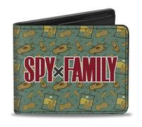 Buckle-Down Spy x Family Wallet, plegable, Spy X Family Peanuts dispersos y logotipo del título azul verde, cuero vegano