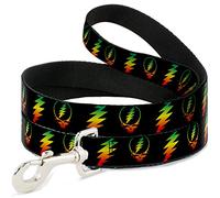 Buckle-Down Steal Your Face with Lightning Bolt Repeat Pet Leash, 4" x 1/2", Negro/Rasta.