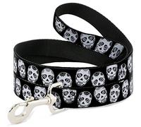 Buckle-Down Sugar Skulls Black/White/Black Pet Leash, 6" x 1/2"