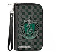 Buckle-Down The Wizarding World of Harry Potter - Cartera con cremallera alrededor, escudo de Slytherin Heraldry Checkers gris verdes, cuero vegano, 7.5 x 4.5 pulgadas, casual