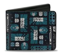Buckle-Down Transformers - Cartera plegable, Transformers Optimus Prime Text and Icons Collage Black Blues, cuero vegano, 4.0" x 3.5", Casual