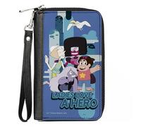 Buckle-Down Warner Bros. Cartera de animación, cremallera alrededor, Steven Universe Ladies Love a Hero Group Pose Blues, cuero vegano, Azul, 7.5"x4.5", Casual