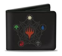Buckle-Down Wizards of the Coast - Cartera plegable con ranuras estándar para billetera y tarjetas, Magic the Gathering Planeswalker Mana Pentagon y logotipo multicolor, cuero vegano, negro, 4 x 3.5