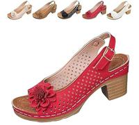 Buckled Square Heel Sandals for Women, Buckled Square Dressy Heel Summer Sandals, Low Peep Toe Slingbacks (Red,42)