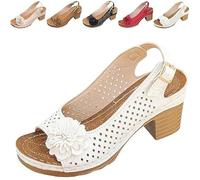 Buckled Square Heel Sandals for Women, Buckled Square Dressy Heel Summer Sandals, Low Peep Toe Slingbacks (White,39)