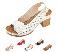 Buckled Square Heel Sandals for Women, Womens Low Slingback Peep Toe Chunky Heeled Dress Sandals Wedge Shoes (White,36)