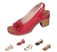 Buckled Square Heel Sandals for Women, Womens Low Slingback Peep Toe Chunky Heeled Dress Sandals Wedge Shoes (Red,42)