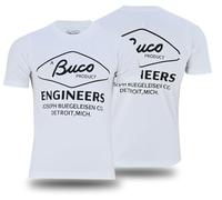 BUCO Detroit Camiseta de algodón con estampado frontal y trasero, Blanco, S
