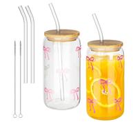BUCOMTU 2 Piezas 500 ML Vaso Cristal con Tapa y Pajita,Vaso de Vidrio en Forma de Lata,Vasos de Cristal para Té, Bebidas, Zumos, Café helado, Café con Leche, Batidos y Cócteles