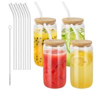 BUCOMTU 4 Piezas 500 ml Taza de Té Burbuja con Tapa y Pajita, Vasos para Beber con Tapas de Bambú y Popotes,Adecuado para Café Congelado, Cerveza, Cócteles