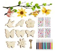 BUCOMTU 57 Piezas Juego de Manualidades Mariposas de Madera, Manualidades Niños con Pinceles y Pegatinas de Piedras Brillantes Mariposa Flor Pájaro, Madera para Pintar, Juegos Creativos con Lápiz de