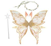 BUCOMTU Alas de Hada Adultos y Niños with Varita Mágica,Flower Wreath,Elf Ears para Carnaval,Cumpleaños,Halloween,Navidad (Oro)
