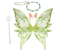 BUCOMTU Alas de Hada Adultos y Niños with Varita Mágica,Flower Wreath,Elf Ears para Carnaval,Cumpleaños,Halloween,Navidad (Verde)