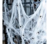 BUCOMTU Telaraña Halloween,Telaraña Elástica 200g con 40 Arañas Negras Falsas - Decoración de Fiesta para Halloween, Estirable, Reutilizable, para Interior y Exterior