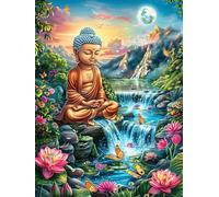 Buda meditando Junto a Cascada Puzzles 1000 Piezas Obra De Arte Decorativa Premium Sueño mágico de Ciencia ficción Rompecabezas Familiar para Adultos DIY Creativo Aliviar Estrés Portátil 1000 PCS
