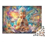 Buda Meditando Rompecabezas clásico de cartón Bebé Buda sobre Loto en Pueblo Colorido, Entretenimiento Interactivo contra el aburrimiento 70x50cm/1000 Piezas