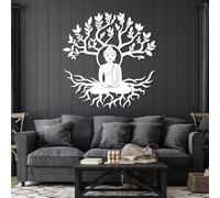Buda y árbol de la vida, arte mural metálico, diseño simbólico tranquilo | “Buda y árbol de la vida” toma forma en metal y crea un acento simbólico en la sala de yoga, dentro de un espacio sereno.