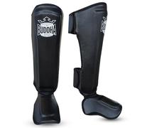 Buddha Fight Wear - Espinilleras Muay Thai, MMA y Kick Boxing Modelo Epic - Fabricadas en Piel Sintética de Última Generación - Costuras más Resistentes y reforzadas (Negro, M)