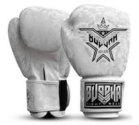 BUDDHA FIGHT WEAR - Guantes de Boxeo Thailand - Muay Thai - Kick Boxing - Piel Sintética Tejido Interior Resistente A Los Olores - Varios Diseños (Army Blanco, 16 Oz)