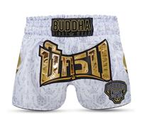 Buddha Fight Wear Pantalón Muay Thai y Kick Boxing Kanok - Short Profesional en Satén Premium, Diseño Multicolor, Ligero y Resistente. (FR/ES, Letras, L, Regular, Regular, Blanco)
