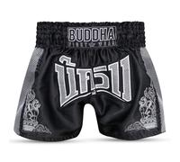 Buddha Fight Wear Pantalón Muay Thai y Kick Boxing Kanok - Short Profesional en Satén Premium, Diseño Multicolor, Ligero y Resistente. (FR/ES, Letras, L, Regular, Regular, Negro/Gris)