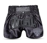 Buddha Fight Wear Pantalón Muay Thai y Kick Boxing Kanok - Short Profesional en Satén Premium, Diseño Multicolor, Ligero y Resistente. (FR/ES, Letras, L, Regular, Regular, Negro)
