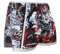 Buddha Fight Wear - Pantalón Retro Premium Fantasy. Especialmente diseñado para el Entrenamiento y la Competición de Kick Boxing, Muay Thai, K1, Boxeo (XL, Blanco+Multicolor)
