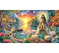 Buddha-Sitting-on-Lotus-Halo-Surrounded_-Colorful 1000 Piezas Puzzle para Adultos Juego desafiante Educativo Papel Reciclado para relajación y Regalos 38x26/1000pcs