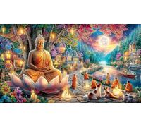 Buddha-Statue-in-Vibrant-Garden-with-Owl-and-Mountains 1000 Piezas Puzzle Familiar Desafiante y Divertido Papel Reciclado para Adultos 70x50/1000pcs