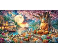 Buddha-Statue-in-Vibrant-Garden-with-Owl-and-Mountains Puzzle para Adultos y niños 1000 Piezas Juego Educativo Desafiante Papel Reciclado Idea de Regalo 38x26/1000pcs