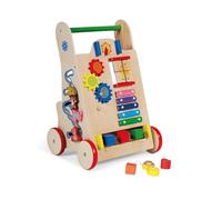 Buddy Baby • Andador de Madera Montessori • Desde 12 meses • Panel interactivo (xilófono, puzzle, espejo, engranajes) • Ruedas goma antideslizantes • No daña el suelo • Cajón trasero
