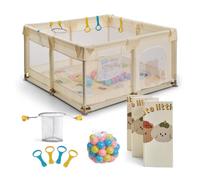 Buddy Baby Park- Parque Infantil Bebe 120x120cm + Alfombra + Agarraderas + Canasta + Bolas - Corralito Bebe con Malla Transpirable - Parque de Juegos Bebe Plegable con Puerta Lateral (Vainilla)