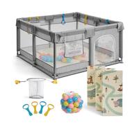 Buddy Baby Park- Parque Infantil Bebe 120x120cm + Alfombra + Agarraderas + Canasta + Bolas - Corralito Bebe con Malla Transpirable - Parque de Juegos Bebe Plegable con Puerta Lateral (Gris)