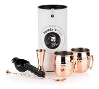 Buddy´s Bar - Moscow Mule - Juego completo de 2 vasos de cóctel de 500 ml, cuchara de bar de 27 cm, 5 cl y exprimidor de limas negro, apto para alimentos, juego de tazas de cóctel, incluye caja de