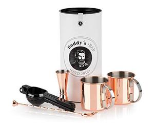 Buddy´s Bar - Moscow Mule - Juego completo de 2 vasos de cóctel de 500 ml, cuchara de bar de 27 cm, medidor de 5 cl y exprimidor de limas negro, apto para alimentos, juego de tazas de cóctel, incluye