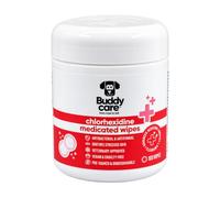Buddycare Toallitas medicadas con clorhexidina para mascotas para perros y gatos, toallitas de limpieza antibacterianas y antifúngicas para piel estresada e irritada, biodegradables, aprobadas por
