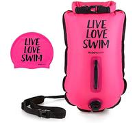 BUDDYSWIM Set Boya Natacion Aguas Abiertas 20L y Gorro Silicona - Boya de Seguridad con Bolsa Impermeable Interior, Doble Cámara de Aire y Cinturón Ajustable - Alta Visibilidad Rosa