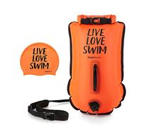 BUDDYSWIM Set Boya Natacion Aguas Abiertas 20 litros y Gorro de Natación. Boya de Natacion de Seguridad para Nadar en Aguas Abiertas con Bolsa Impermeable Buceo y Gorro de Silicona. Color Naranja.