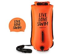 BUDDYSWIM Set Boya Natación Aguas Abiertas 28 litros y Gorro de Natacion. Boya de Natacion para Nadar en Aguas Abiertas con Bolsa Estanca Impermeable y Gorro de Silicona. Color Naranja.