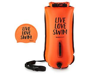 BUDDYSWIM Set Boya Natación Aguas Abiertas 28 litros y Gorro de Natacion. Boya de Natacion para Nadar en Aguas Abiertas con Bolsa Estanca Impermeable y Gorro de Silicona. Color Naranja.