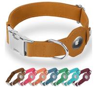 BUDKAS Collar de cuero para perro con soporte para Airtag, collar de perro suave y ajustable con hebilla de metal, collar para mascotas Apple Air Tag para perros pequeños y grandes (canela, L, ajuste