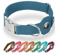 BUDKAS Collar de cuero para perro con soporte para Airtag, collar de perro suave y ajustable con hebilla de metal, collar para mascotas Apple Air Tag para perros pequeños y grandes (azul oscuro, M