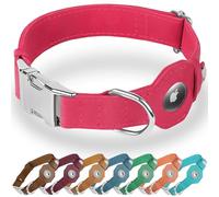 BUDKAS Collar de cuero para perro con soporte para Airtag, collar de perro suave y ajustable con hebilla de metal, collar para mascotas Apple Air Tag para perros pequeños y grandes (rosa, M, ajuste de
