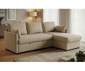 BUDWING Orlando Hogar Sofá Cama 3 Plazas Chaise Longue Esquinero Reversible Izquierda o Derecha con Arcón Tapizado Tela Beige Sofá de Salon Decoración de Hogar Cojines y Tapicería 221 x 162 x 90