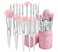Bueart Design Elegante juego de brochas de maquillaje ultra suaves con soporte para brochas de maquillaje con base de polvo, rubor y contorno (15 unidades, rosa plateado + soporte)