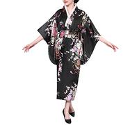 Buen Amixyl kimono japonés mujer Tradicional joven dama Yukata con traje bata de satén, Negro, M