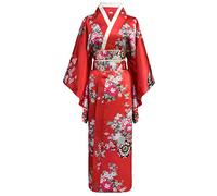 Buen amixyl kimono japonés mujer Tradicional joven dama Yukata con traje traje de traje de cosplay bata de satén, rojo, M